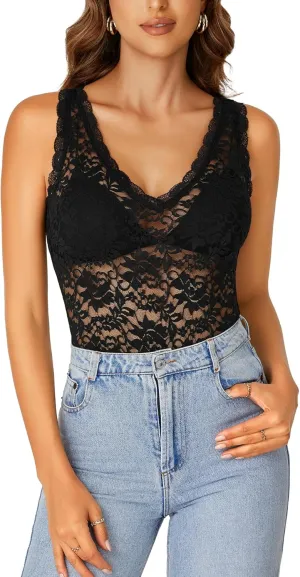 Rooscier Women's Floral Lace Scallop V Neck Sleeveless Sheer Tank Cami Top Blouse