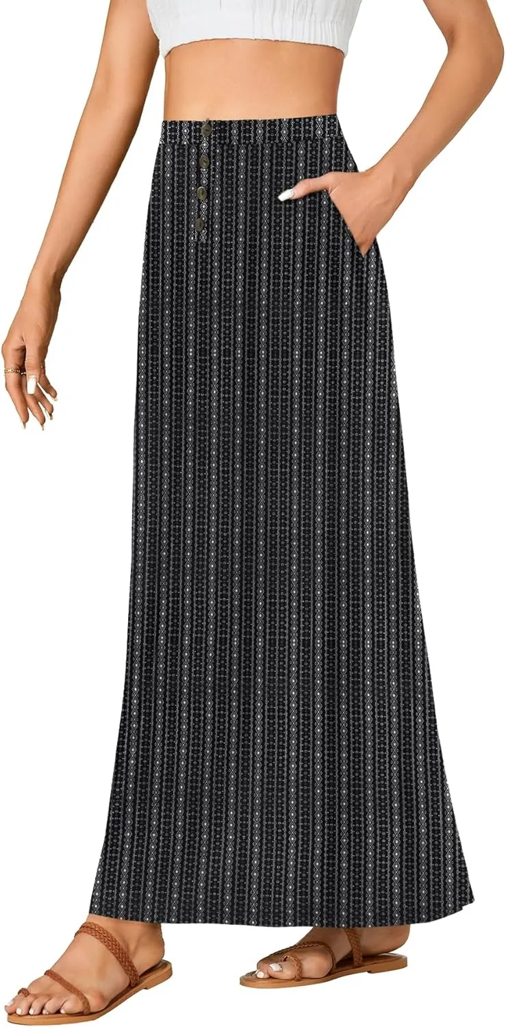 Rooscier Women's High Waist Button Front A-Line Long Maxi Skirt with Pockets