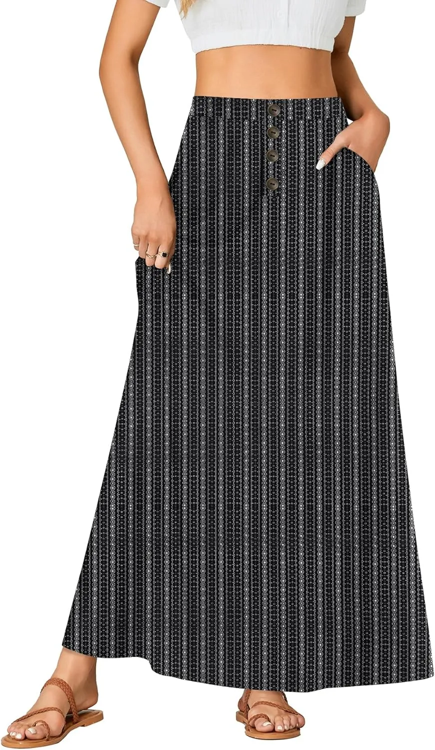Rooscier Women's High Waist Button Front A-Line Long Maxi Skirt with Pockets