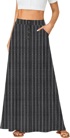 Rooscier Women's High Waist Button Front A-Line Long Maxi Skirt with Pockets