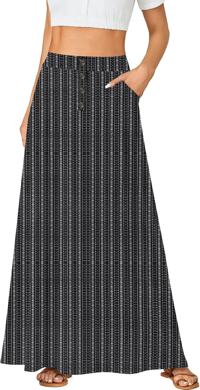 Rooscier Women's High Waist Button Front A-Line Long Maxi Skirt with Pockets