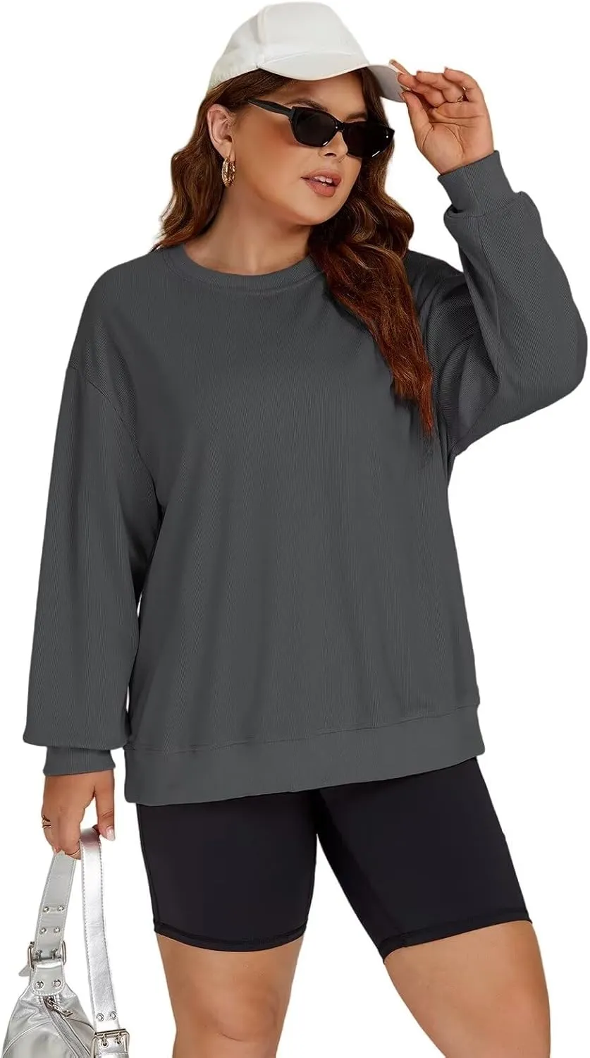 ROSRISS Womens-Plus-Size-Sweatshirts Oversized Long Sleeve Shirts Trendy Crew Neck Pullover Sweaters Casual Tops XL-5XL