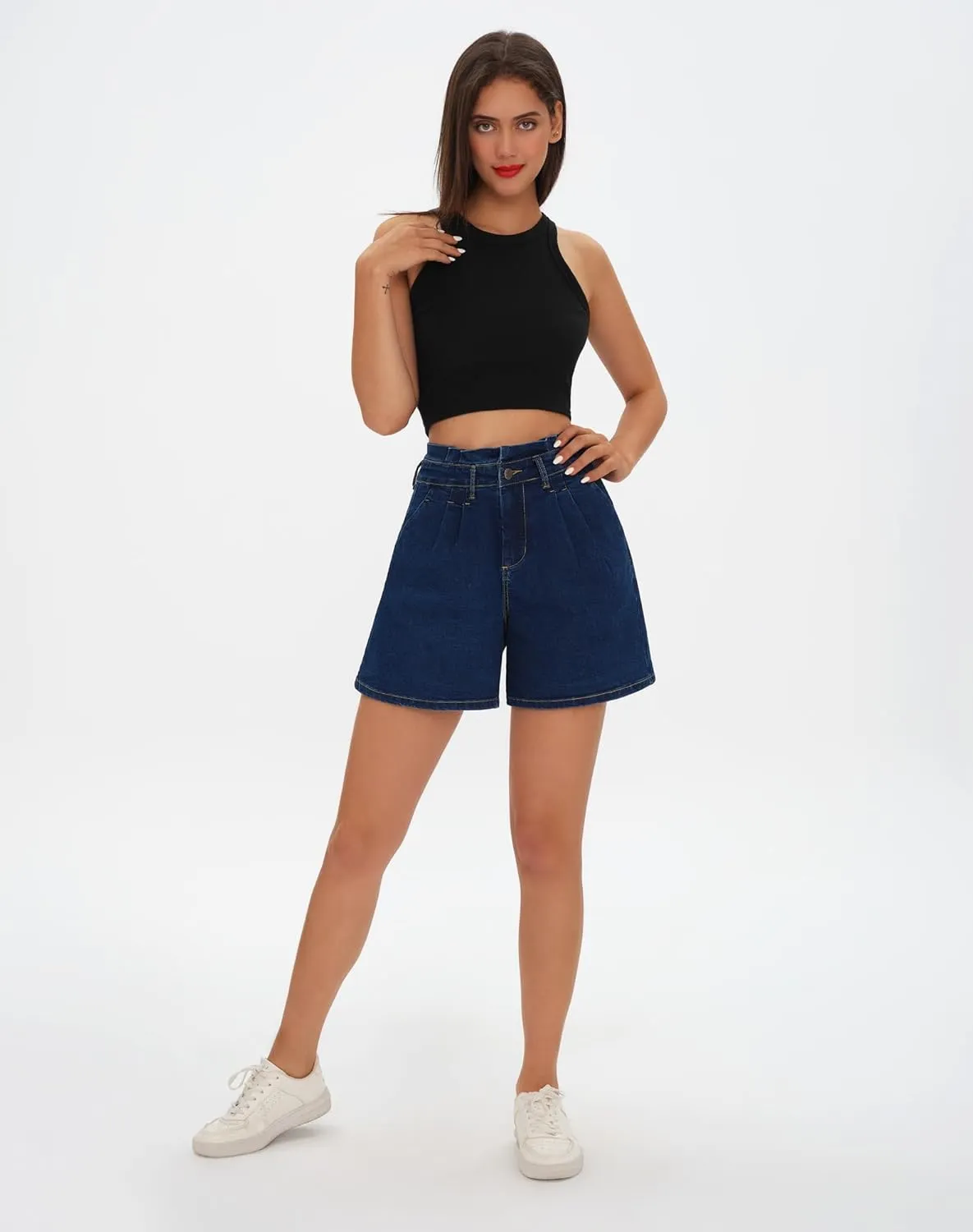 roswear Women’s High Waisted Stretchy Wide Leg Denim Baggy Jean Shorts