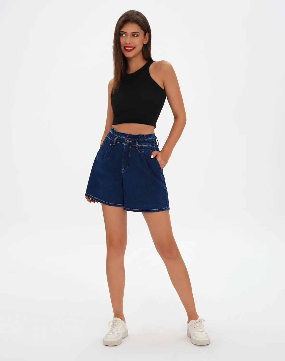 roswear Women’s High Waisted Stretchy Wide Leg Denim Baggy Jean Shorts