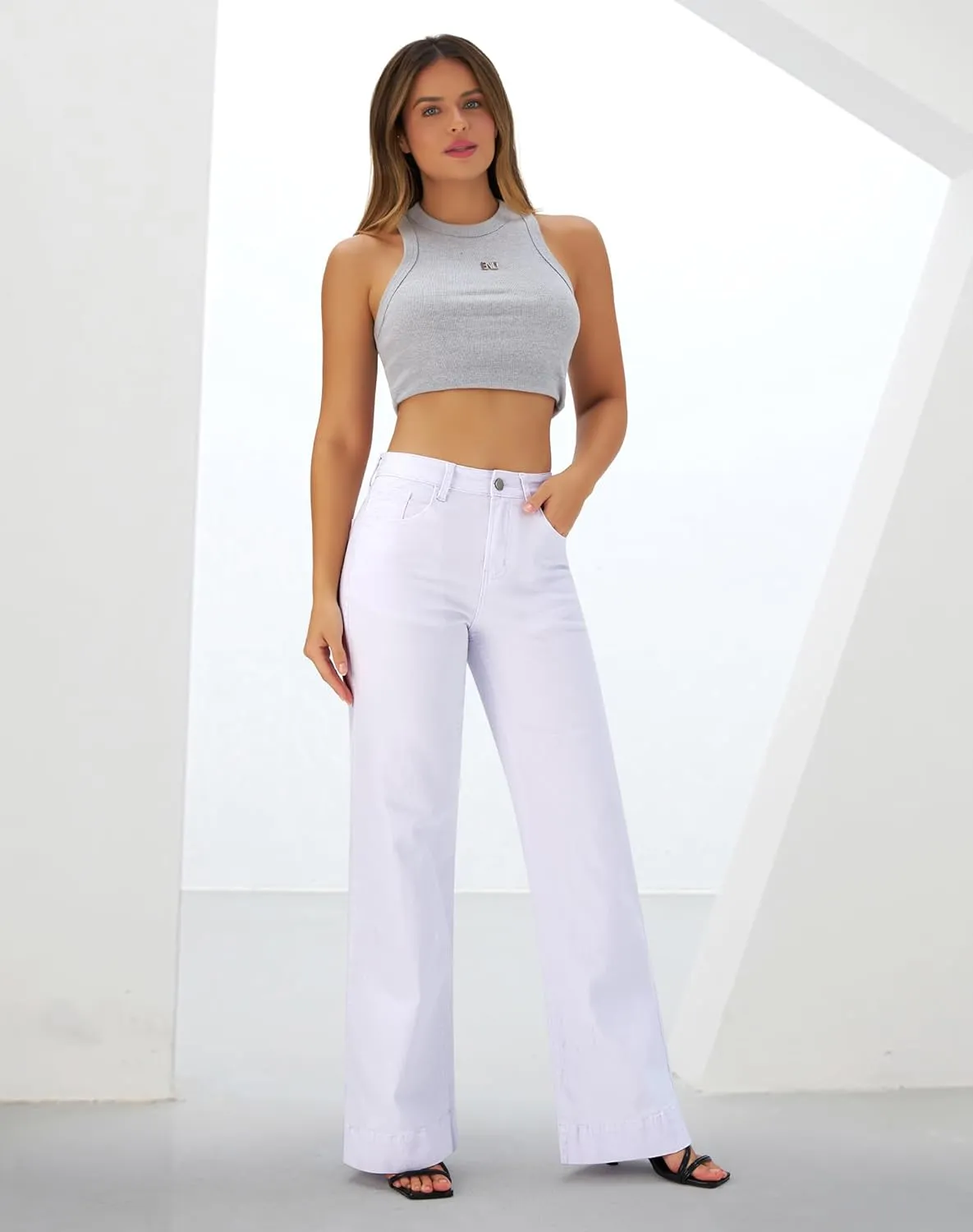 roswear Women's Wide Leg Jeans Casual High Waisted Stretchy Baggy Loose Long Trouser Jeans
