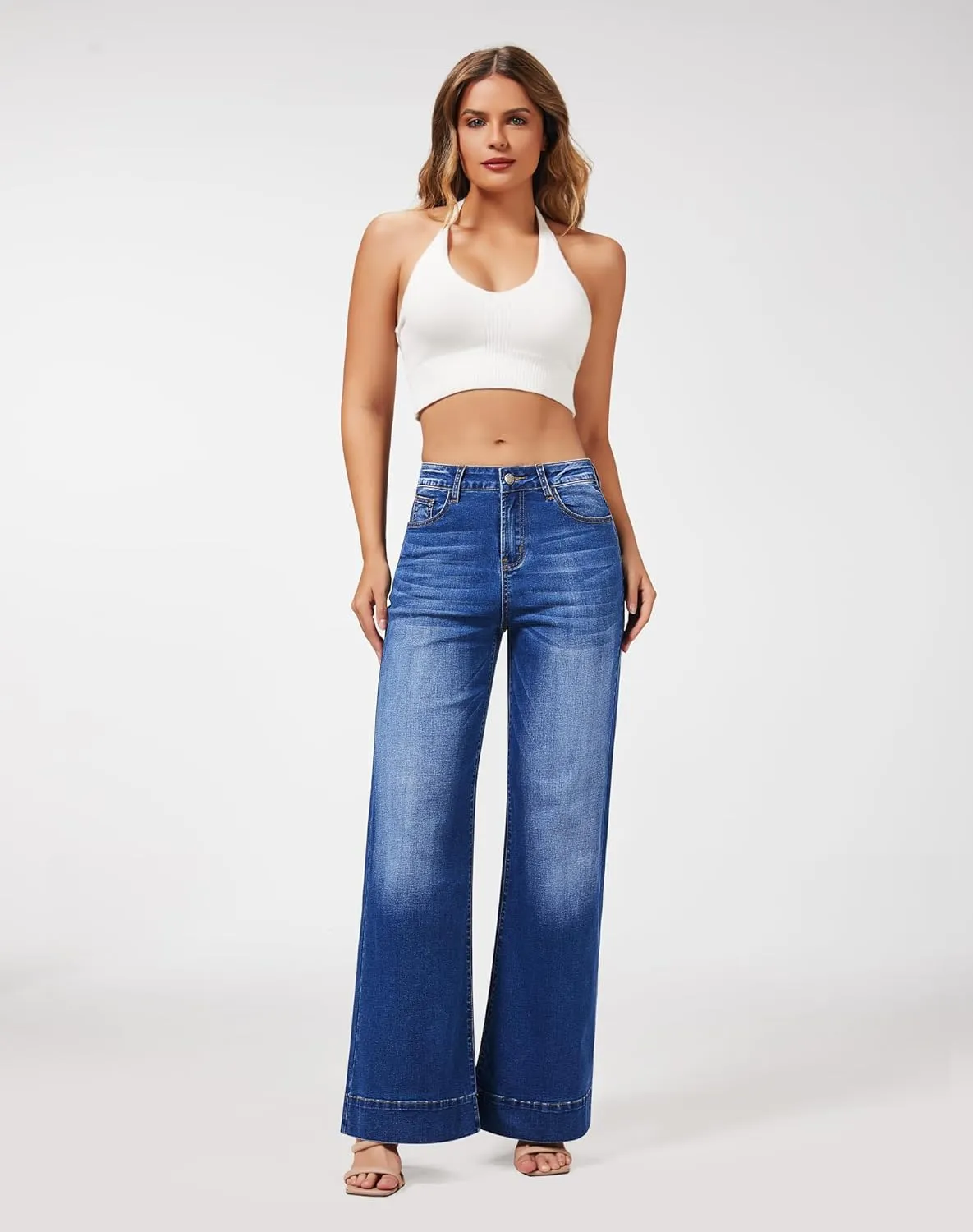roswear Women's Wide Leg Jeans Casual High Waisted Stretchy Baggy Loose Long Trouser Jeans