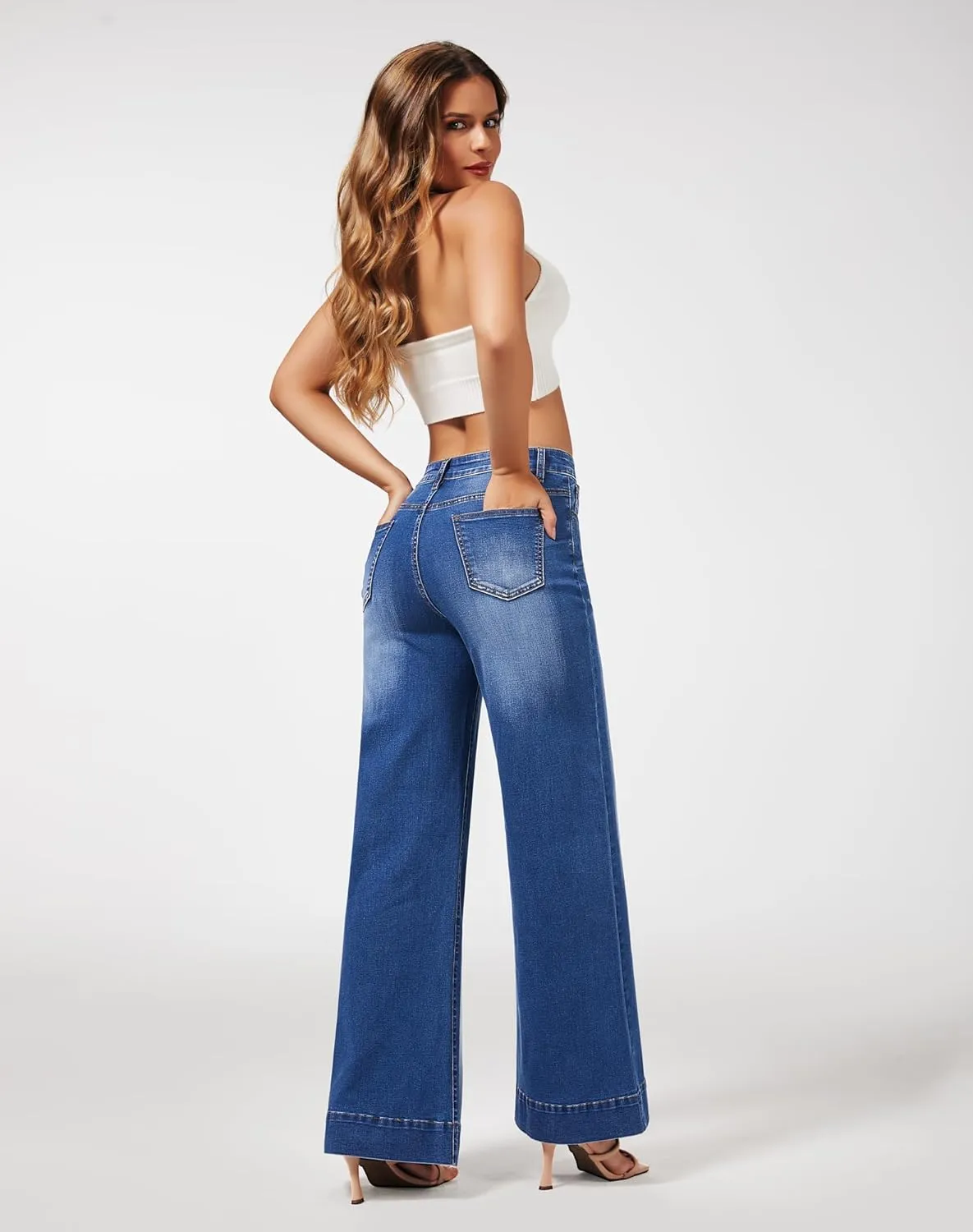 roswear Women's Wide Leg Jeans Casual High Waisted Stretchy Baggy Loose Long Trouser Jeans