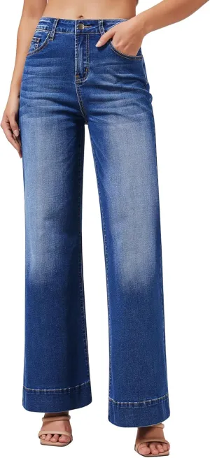 roswear Women's Wide Leg Jeans Casual High Waisted Stretchy Baggy Loose Long Trouser Jeans