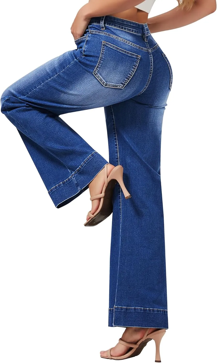roswear Women's Wide Leg Jeans Casual High Waisted Stretchy Baggy Loose Long Trouser Jeans