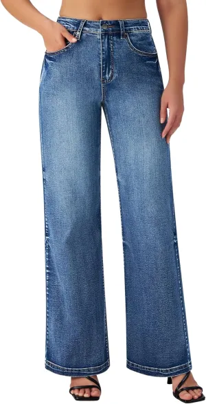 roswear Women's Wide Leg Jeans High Waisted Stretchy Denim Trouser Pants