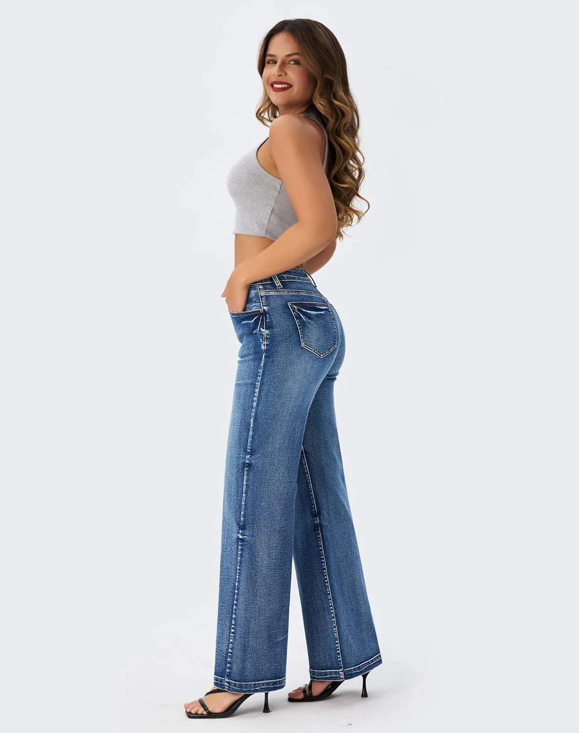 roswear Women's Wide Leg Jeans High Waisted Stretchy Denim Trouser Pants