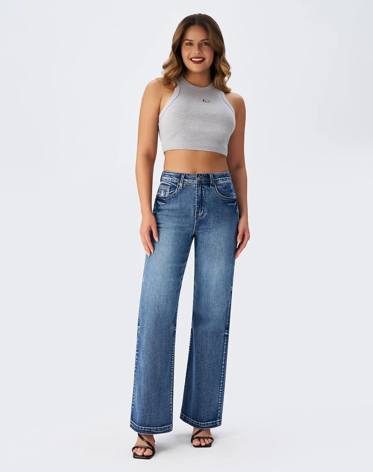 roswear Women's Wide Leg Jeans High Waisted Stretchy Denim Trouser Pants