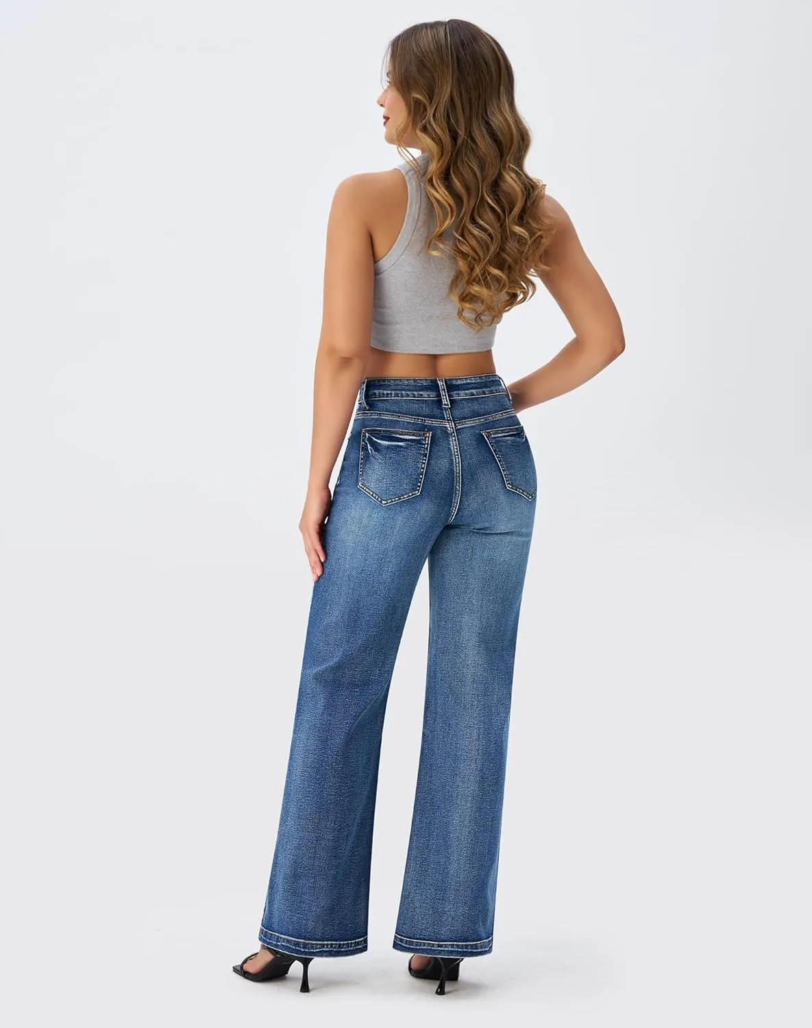 roswear Women's Wide Leg Jeans High Waisted Stretchy Denim Trouser Pants