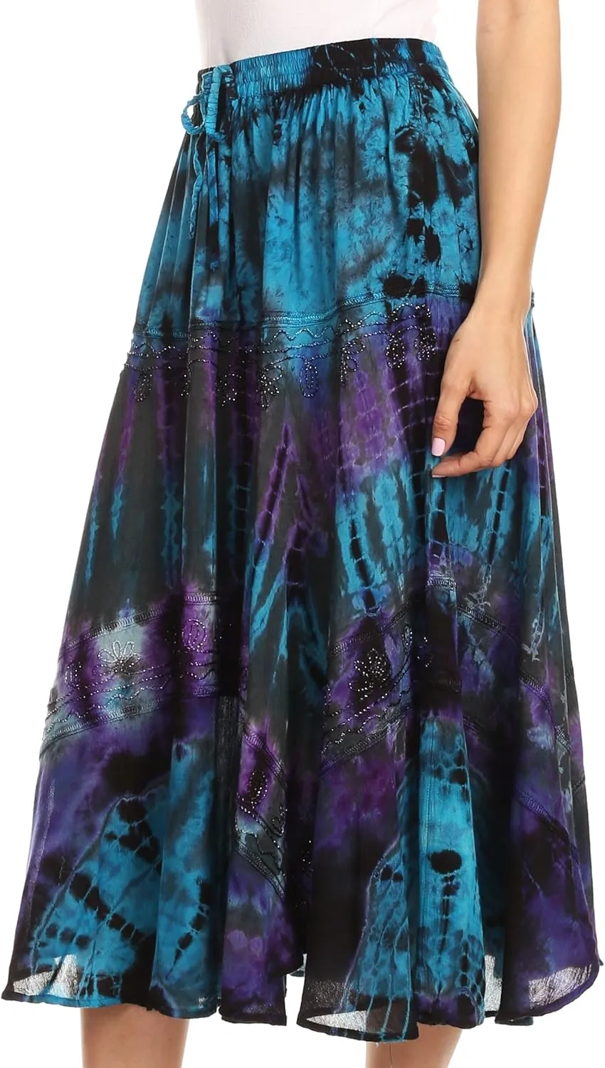 Sakkas Justina Womens Dance Midi Full Circle Tie-dye Skirt with Elastic Waist
