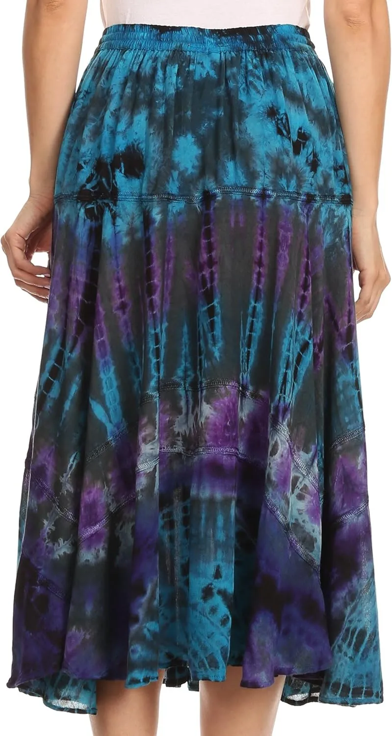 Sakkas Justina Womens Dance Midi Full Circle Tie-dye Skirt with Elastic Waist