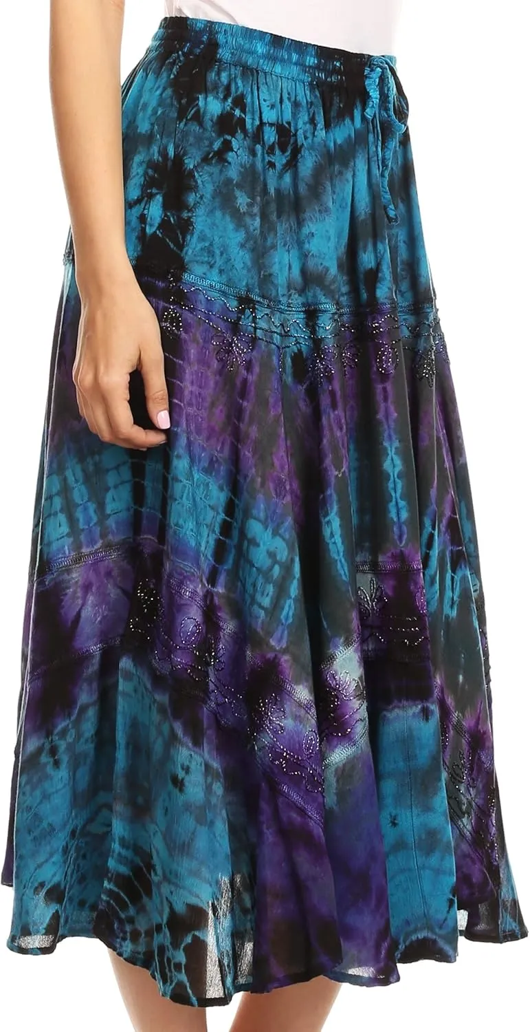 Sakkas Justina Womens Dance Midi Full Circle Tie-dye Skirt with Elastic Waist