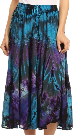 Sakkas Justina Womens Dance Midi Full Circle Tie-dye Skirt with Elastic Waist