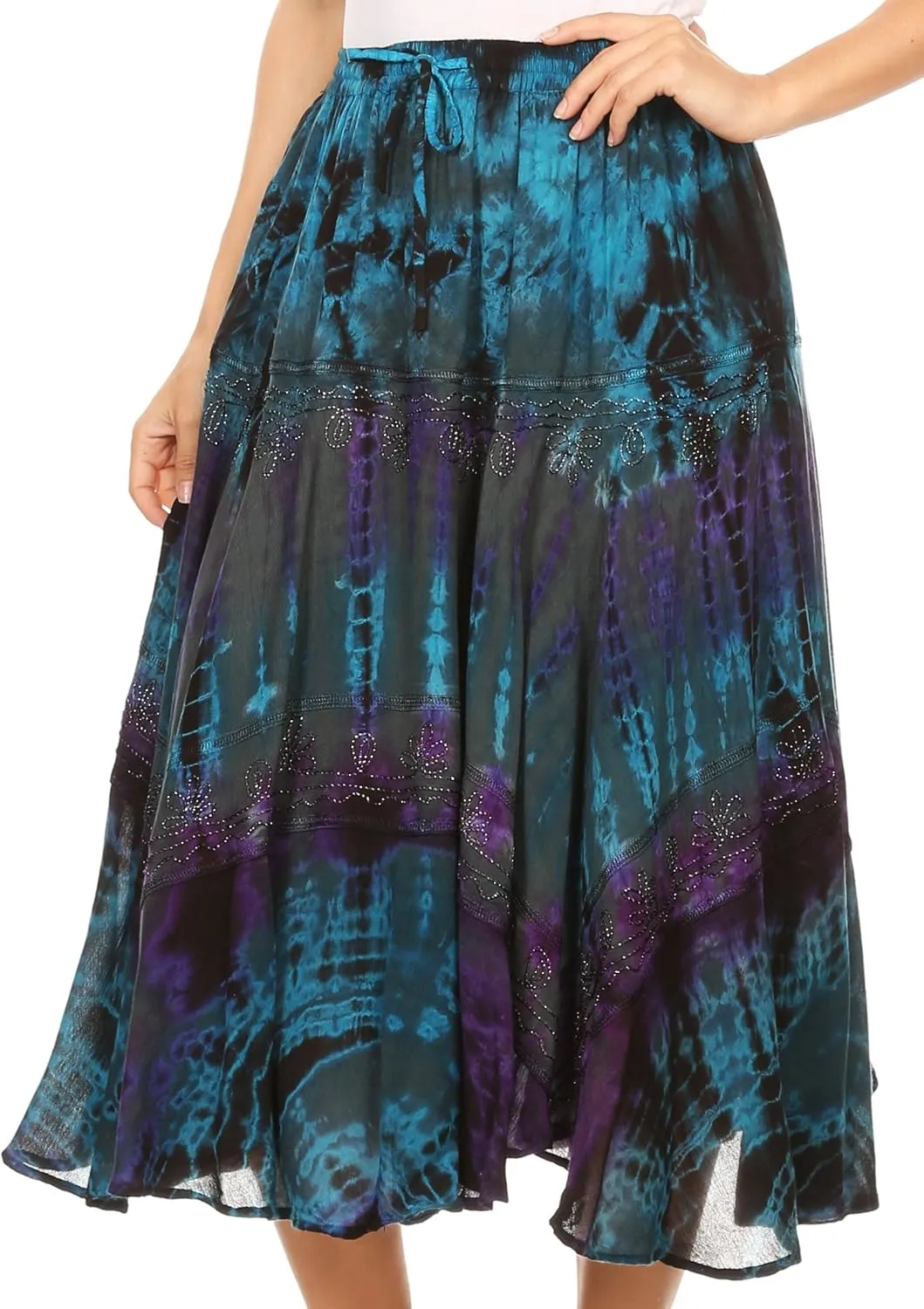 Sakkas Justina Womens Dance Midi Full Circle Tie-dye Skirt with Elastic Waist