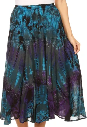 Sakkas Justina Womens Dance Midi Full Circle Tie-dye Skirt with Elastic Waist