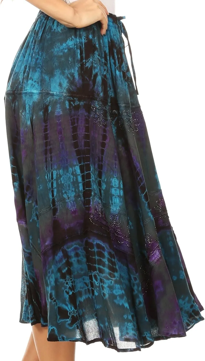 Sakkas Justina Womens Dance Midi Full Circle Tie-dye Skirt with Elastic Waist