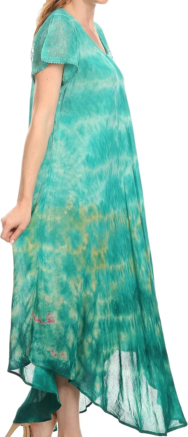 Sakkas Kaylaye Long Tie Dye Ombre Embroidered Cap Sleeve Caftan Dress/Cover Up