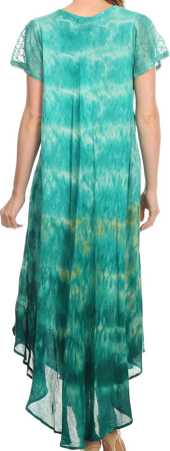 Sakkas Kaylaye Long Tie Dye Ombre Embroidered Cap Sleeve Caftan Dress/Cover Up