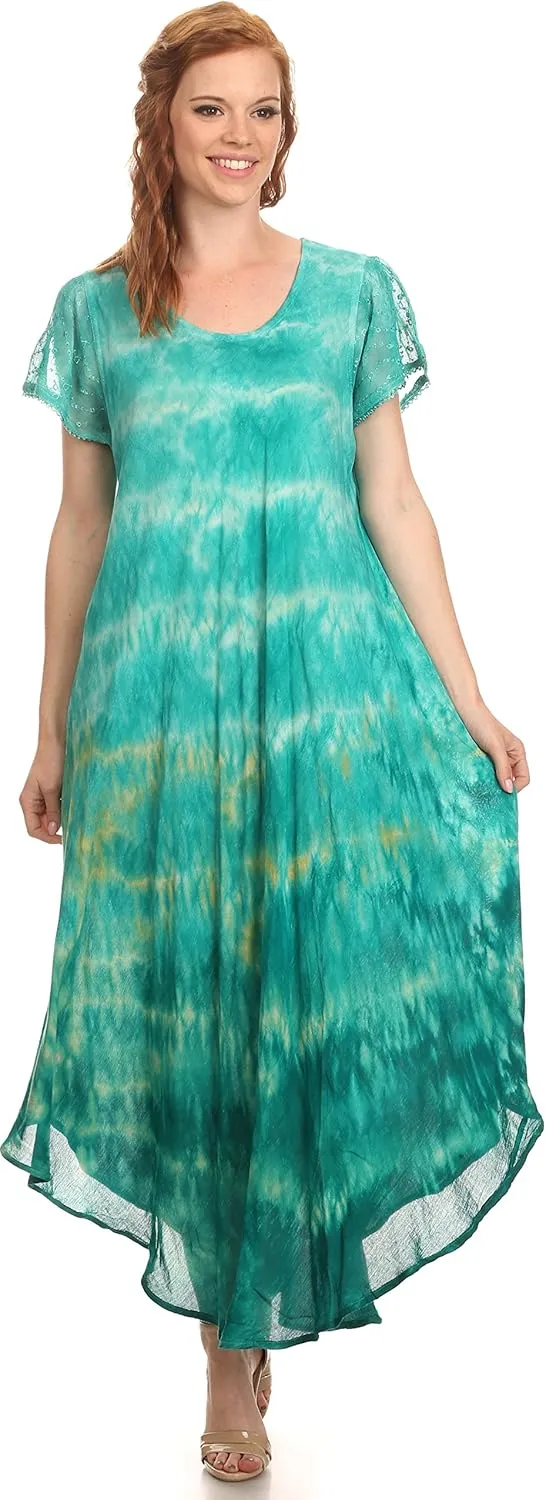 Sakkas Kaylaye Long Tie Dye Ombre Embroidered Cap Sleeve Caftan Dress/Cover Up
