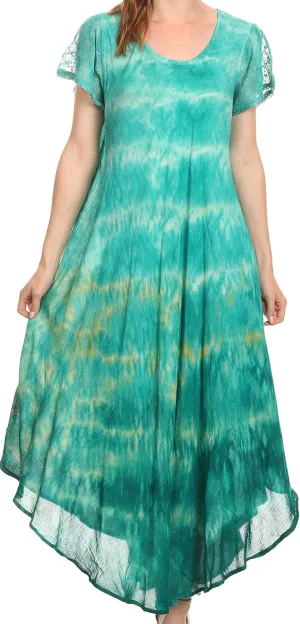 Sakkas Kaylaye Long Tie Dye Ombre Embroidered Cap Sleeve Caftan Dress/Cover Up
