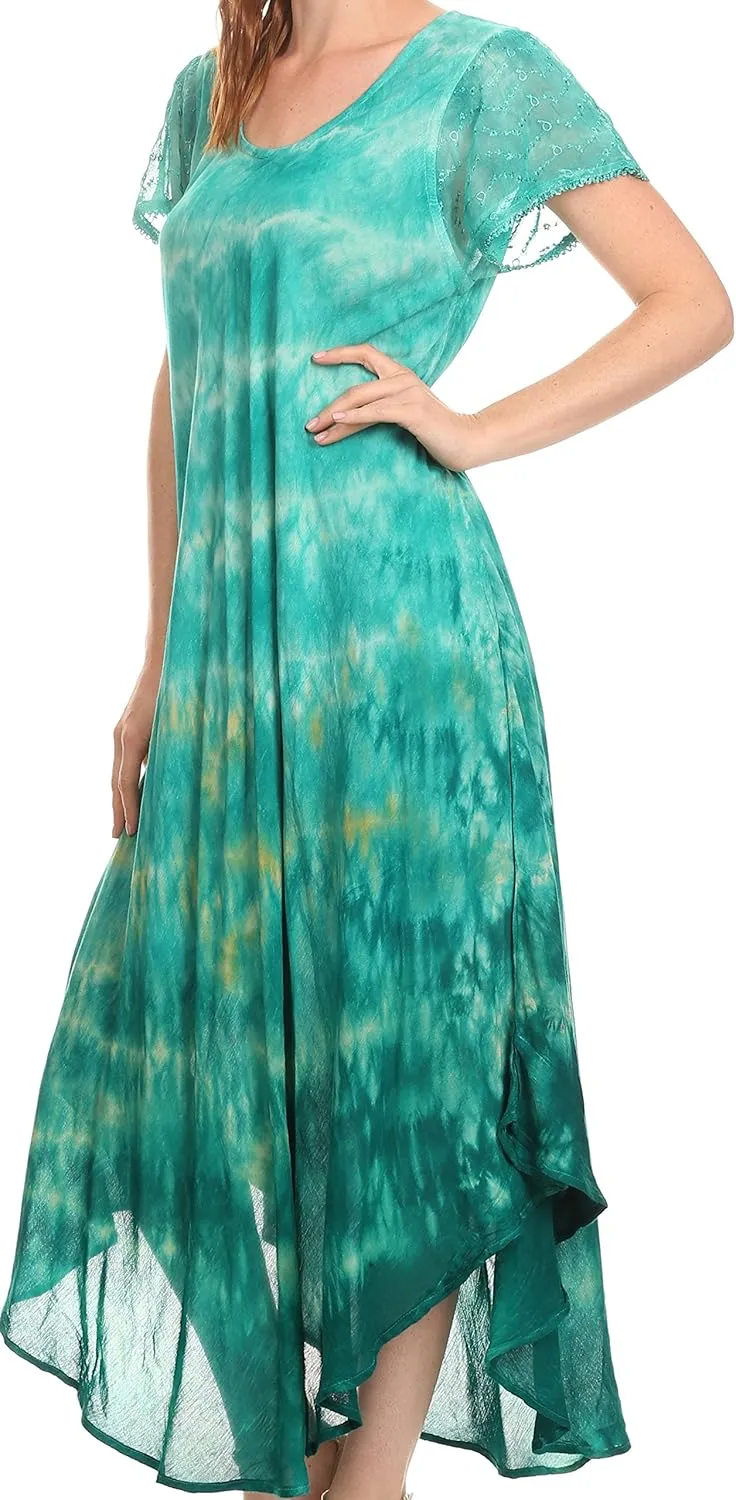 Sakkas Kaylaye Long Tie Dye Ombre Embroidered Cap Sleeve Caftan Dress/Cover Up
