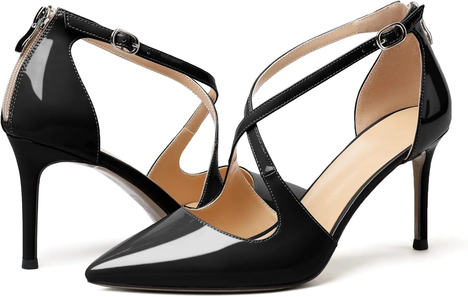 SAMMITOP Women's Pointed toe Cross Strappy Heels Ankle Strap Buckle Pumps Classic High Heels 3.34" for Wedding Dress Party