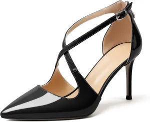 SAMMITOP Women's Pointed toe Cross Strappy Heels Ankle Strap Buckle Pumps Classic High Heels 3.34" for Wedding Dress Party
