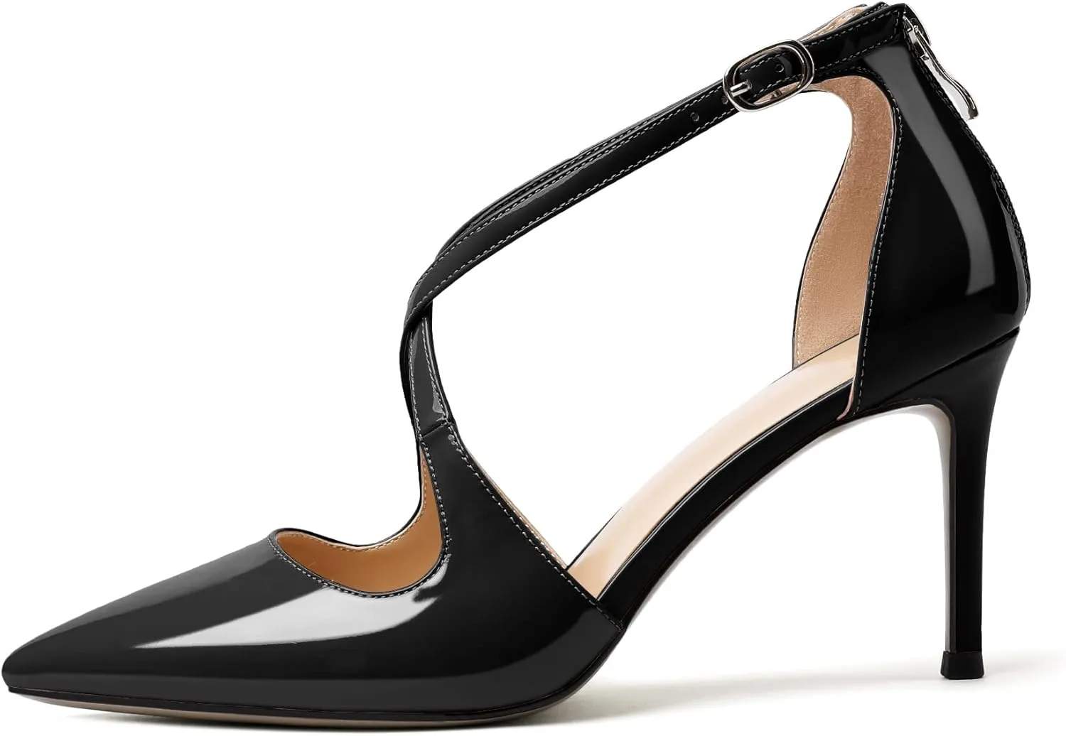SAMMITOP Women's Pointed toe Cross Strappy Heels Ankle Strap Buckle Pumps Classic High Heels 3.34" for Wedding Dress Party
