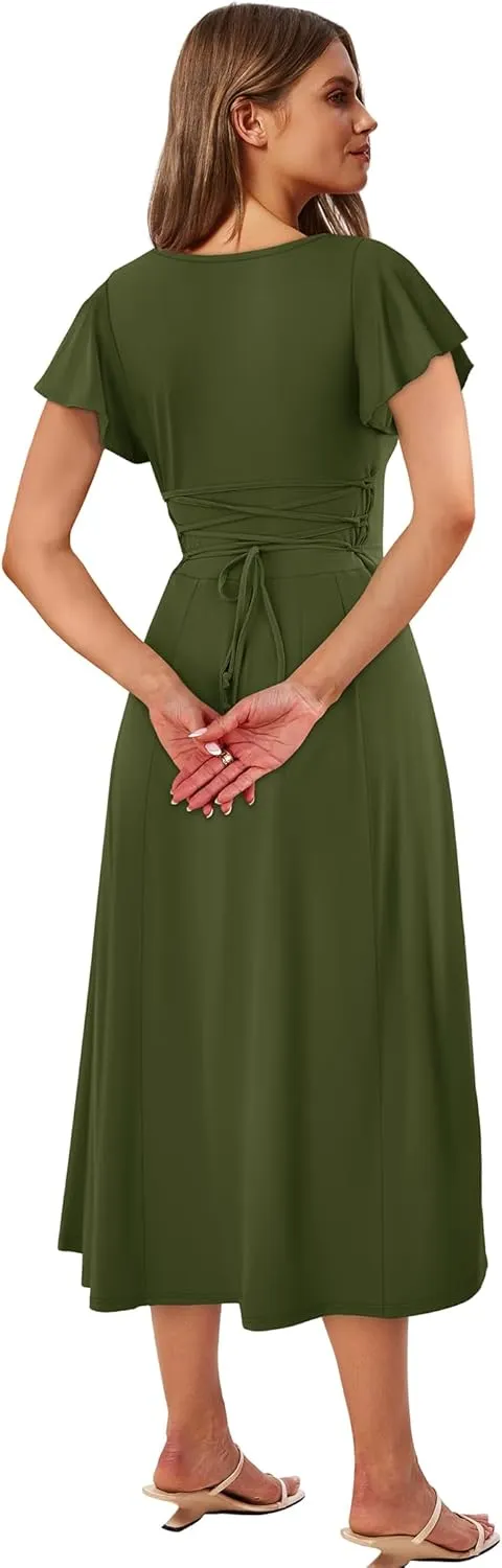 SAMPEEL Summer Dresses for Women 2025 Midi Maxi Dress Elegant Classy Ruffle Sleeve Tie Back Scoop Neck