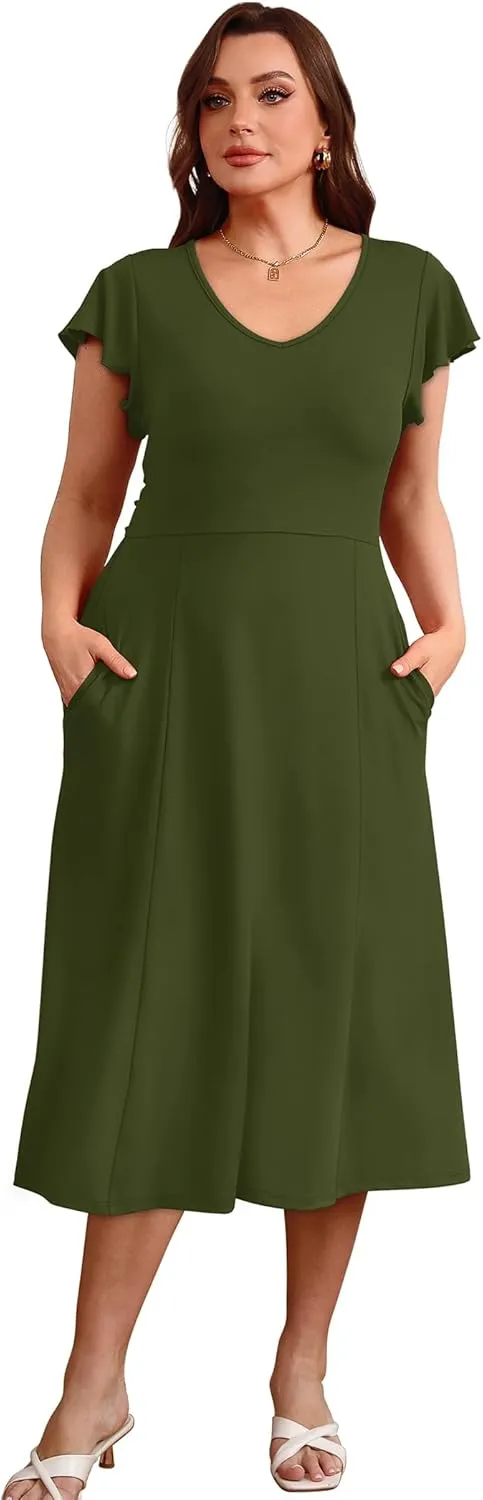 SAMPEEL Summer Dresses for Women 2025 Midi Maxi Dress Elegant Classy Ruffle Sleeve Tie Back Scoop Neck