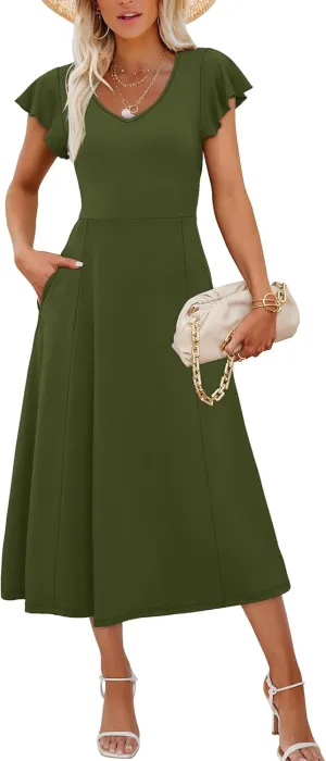 SAMPEEL Summer Dresses for Women 2025 Midi Maxi Dress Elegant Classy Ruffle Sleeve Tie Back Scoop Neck