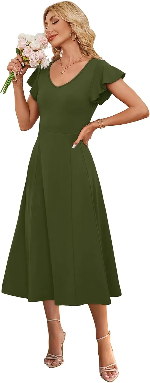 SAMPEEL Summer Dresses for Women 2025 Midi Maxi Dress Elegant Classy Ruffle Sleeve Tie Back Scoop Neck