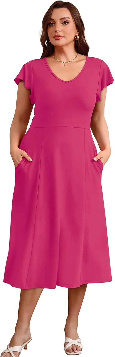 SAMPEEL Summer Dresses for Women 2025 Midi Maxi Dress Elegant Classy Ruffle Sleeve Tie Back Scoop Neck
