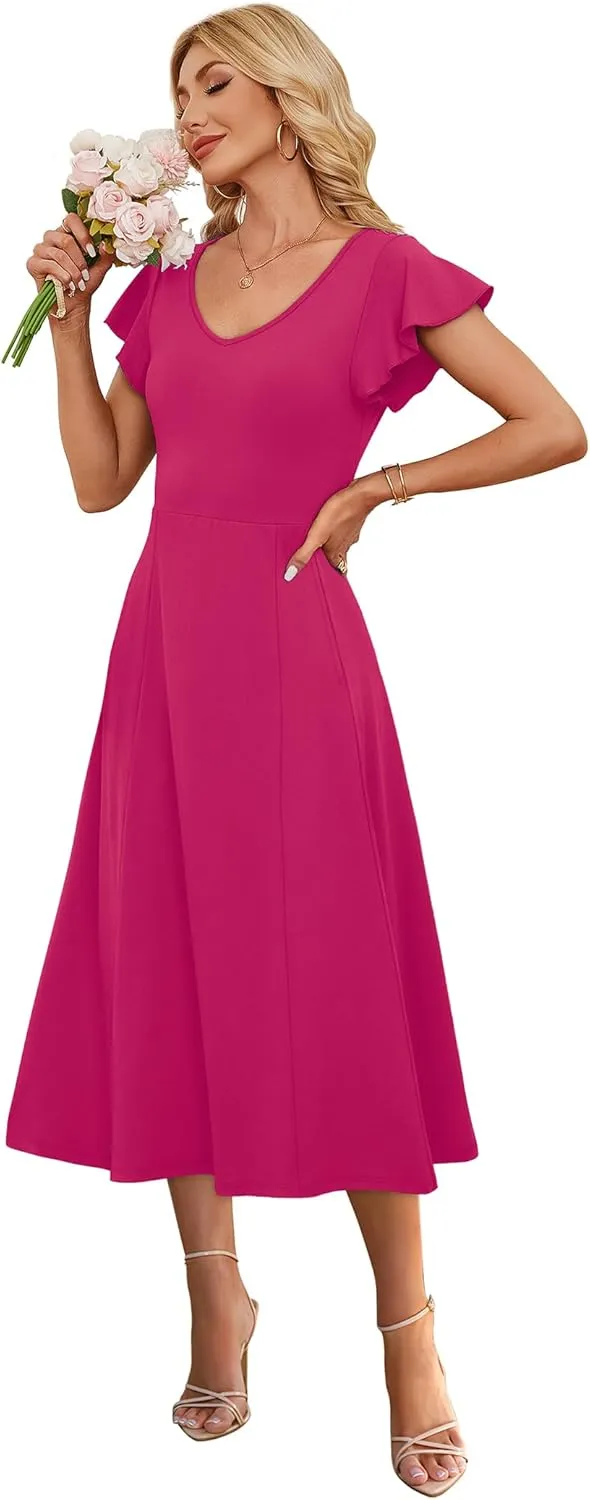 SAMPEEL Summer Dresses for Women 2025 Midi Maxi Dress Elegant Classy Ruffle Sleeve Tie Back Scoop Neck