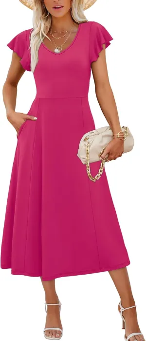 SAMPEEL Summer Dresses for Women 2025 Midi Maxi Dress Elegant Classy Ruffle Sleeve Tie Back Scoop Neck