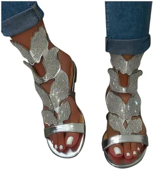 Sandals for Women Dressy Gladiator Sandals Butterfly Flat Summer Strappy Crystal Open Toe Knee High Flat Sandal