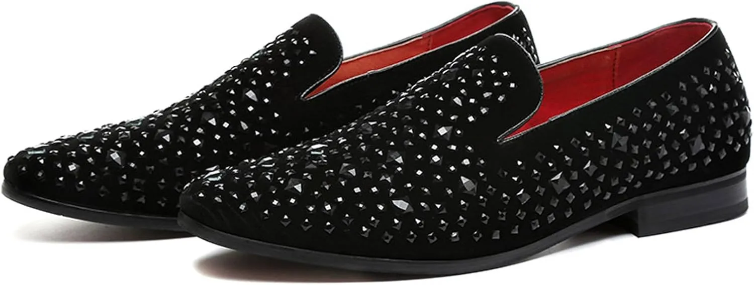 Santimon Loafer Smoking Slipper Moccasins Men Slip on Handmade Rhinestone Studded Pointed Toe Shoes Black