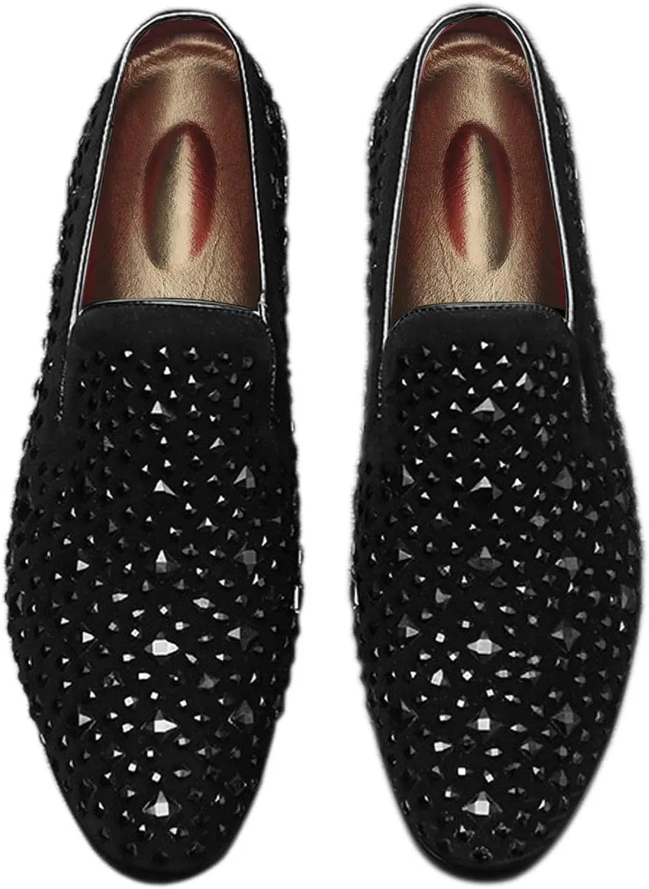 Santimon Loafer Smoking Slipper Moccasins Men Slip on Handmade Rhinestone Studded Pointed Toe Shoes Black