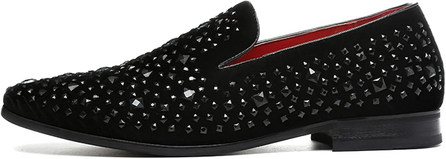Santimon Loafer Smoking Slipper Moccasins Men Slip on Handmade Rhinestone Studded Pointed Toe Shoes Black