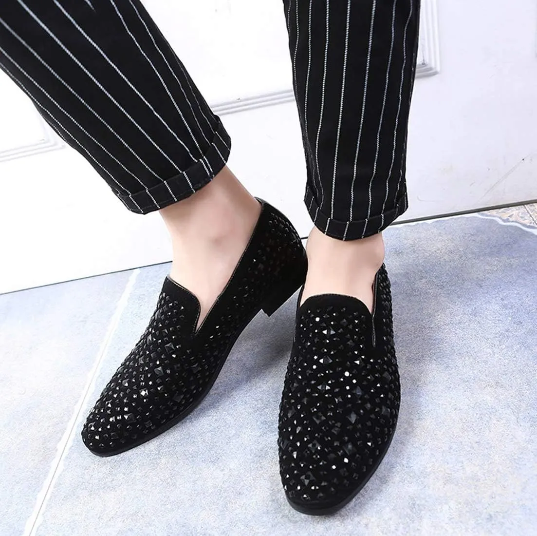 Santimon Loafer Smoking Slipper Moccasins Men Slip on Handmade Rhinestone Studded Pointed Toe Shoes Black