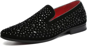 Santimon Loafer Smoking Slipper Moccasins Men Slip on Handmade Rhinestone Studded Pointed Toe Shoes Black