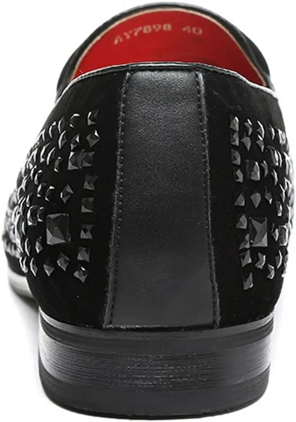 Santimon Loafer Smoking Slipper Moccasins Men Slip on Handmade Rhinestone Studded Pointed Toe Shoes Black