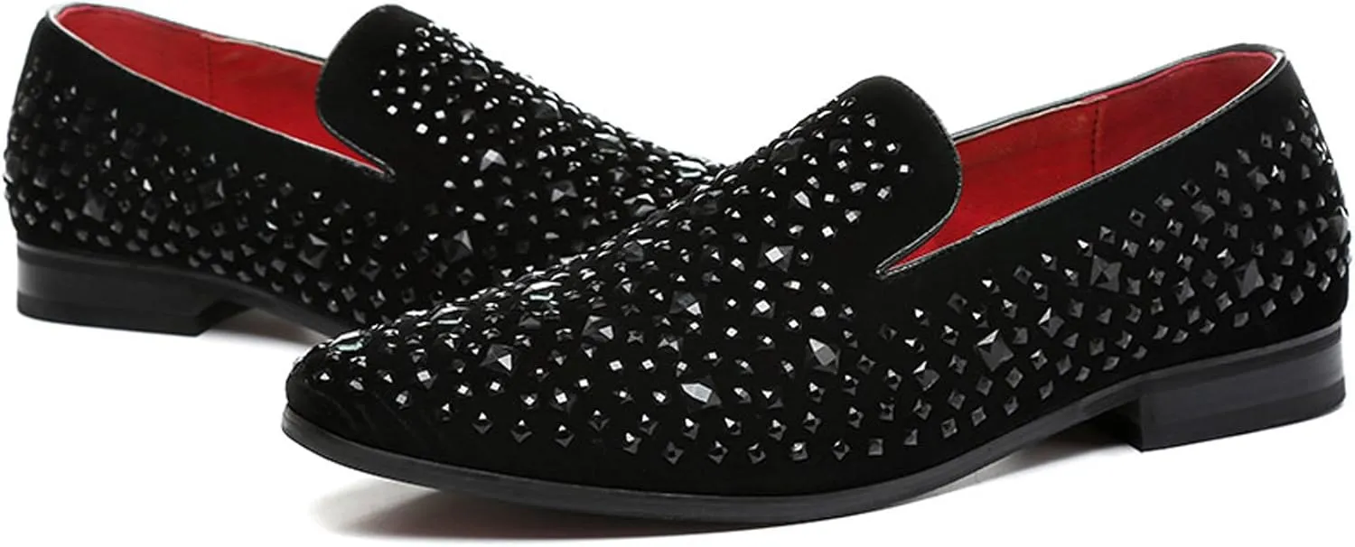 Santimon Loafer Smoking Slipper Moccasins Men Slip on Handmade Rhinestone Studded Pointed Toe Shoes Black
