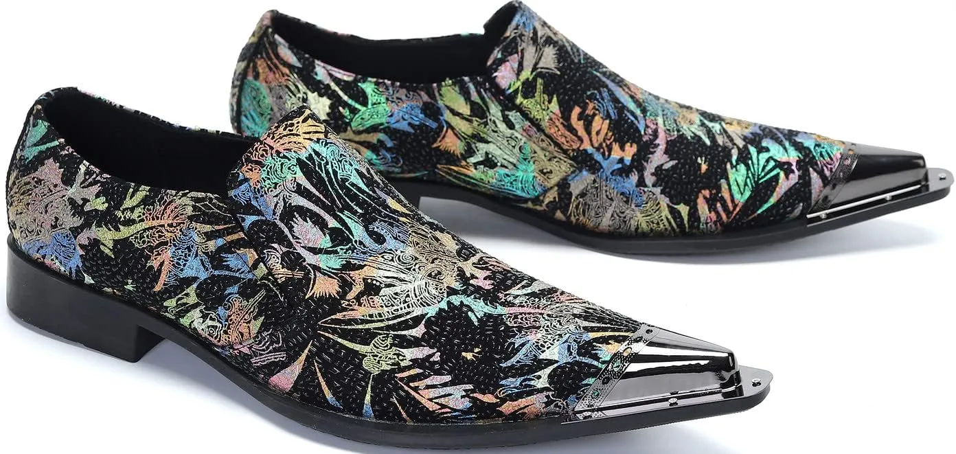 Santimon Pointed Toe Loafers for Men Slip-On Metal Tip Slippers Novelty Party Ballroom Business Wedding Leather Shoes