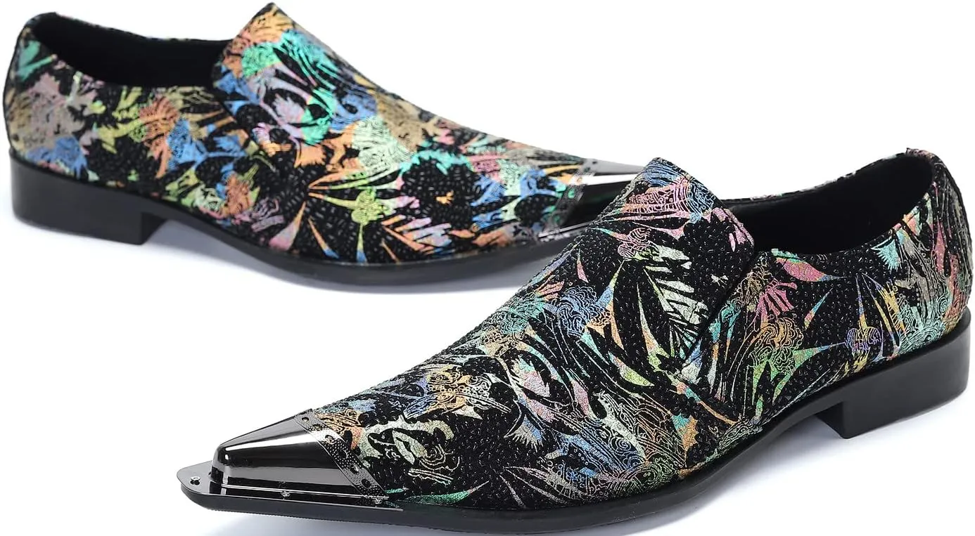 Santimon Pointed Toe Loafers for Men Slip-On Metal Tip Slippers Novelty Party Ballroom Business Wedding Leather Shoes
