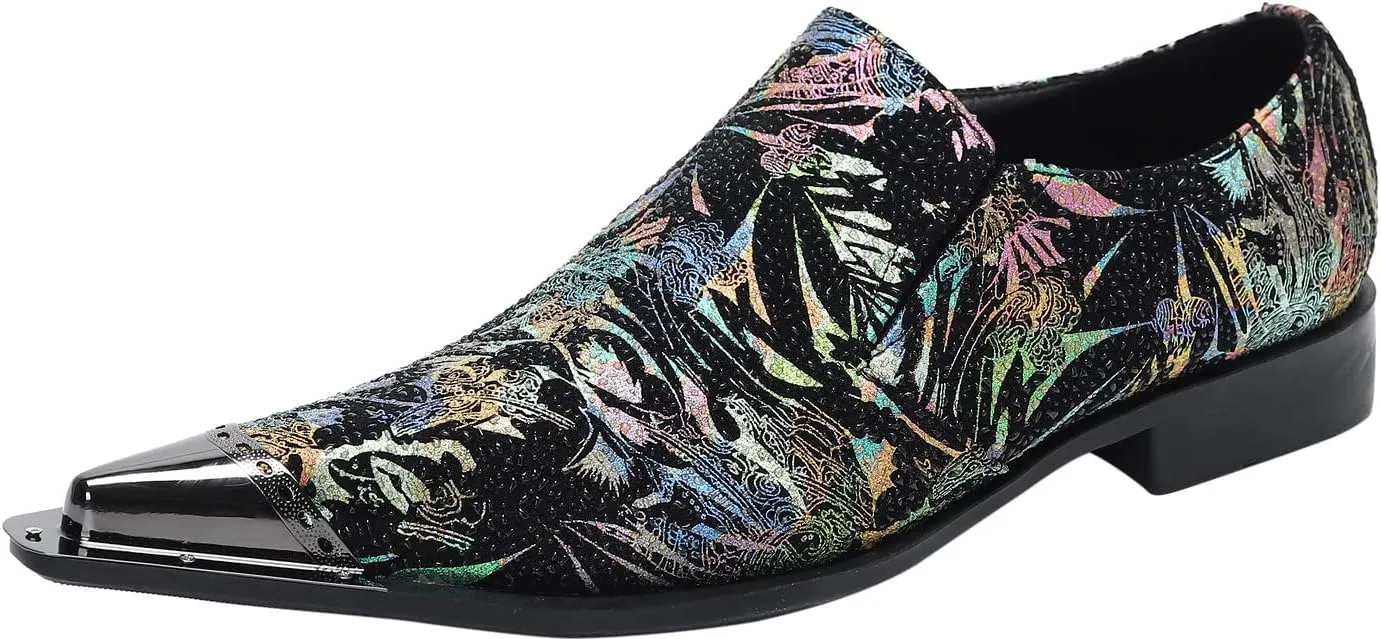 Santimon Pointed Toe Loafers for Men Slip-On Metal Tip Slippers Novelty Party Ballroom Business Wedding Leather Shoes